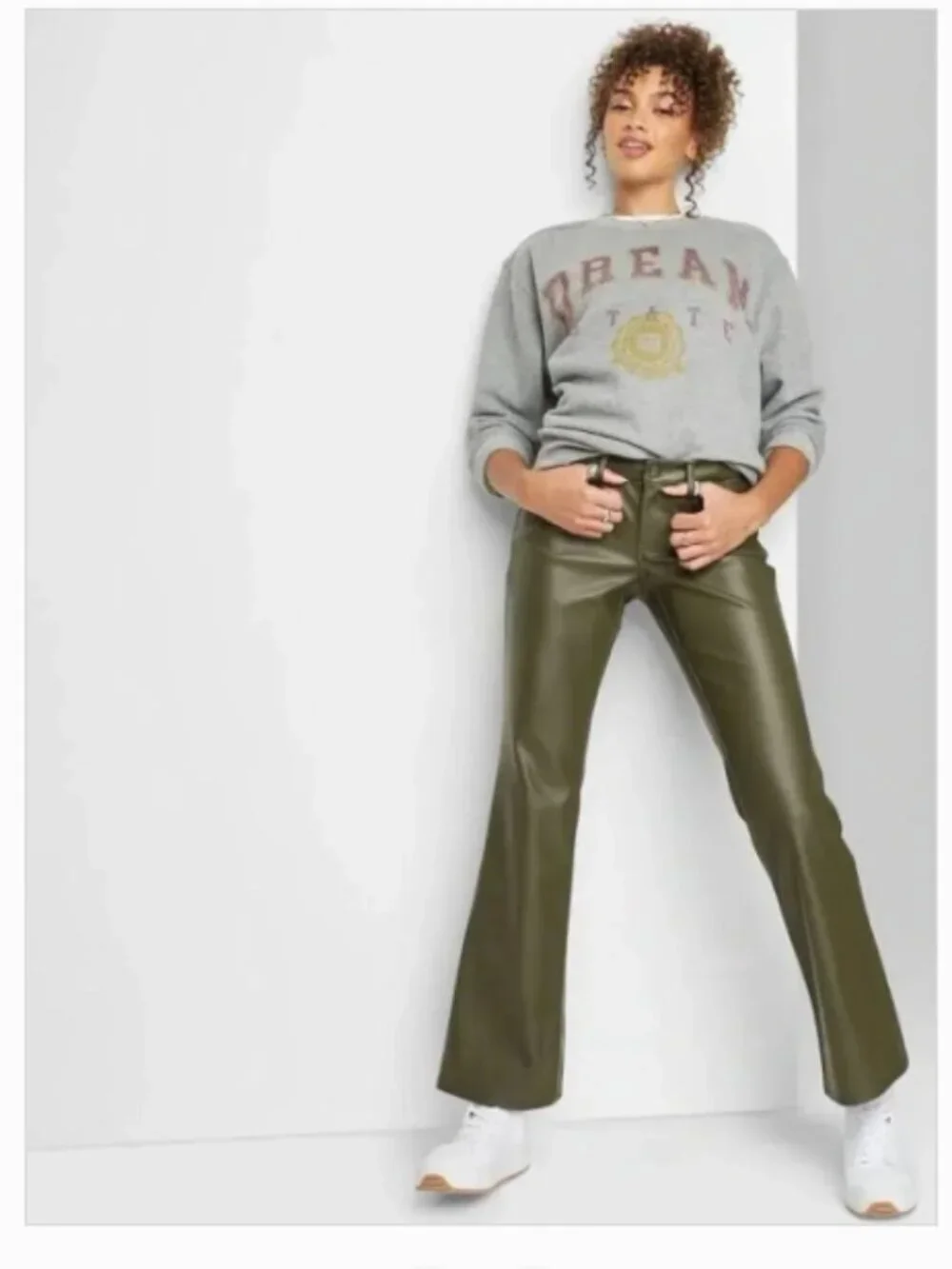 Wild Fable Women's Size 2 Low-Rise Flare Pant Olive Green Vegan Leather Pockets